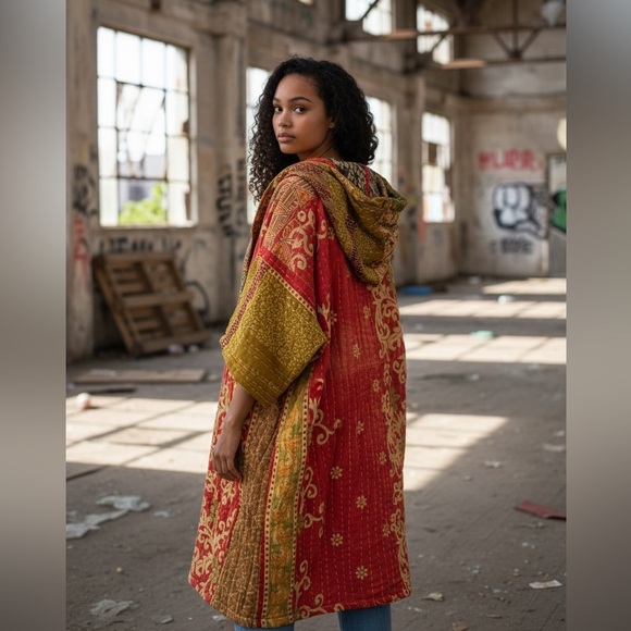 108 🌸 Hooded Poncho with pockets, handmade reversible OS - Picture 2 of 9